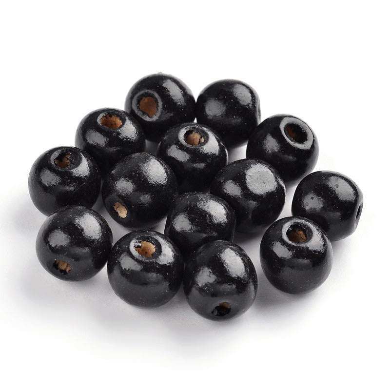 Wooden bead, black, shiny, round 14x13mm, 6pcs