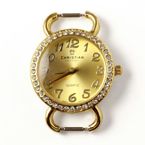 Watch face, crystal encrusted bezel, gold-plated steel with golden dial, 30x40x6mm, 1pc.