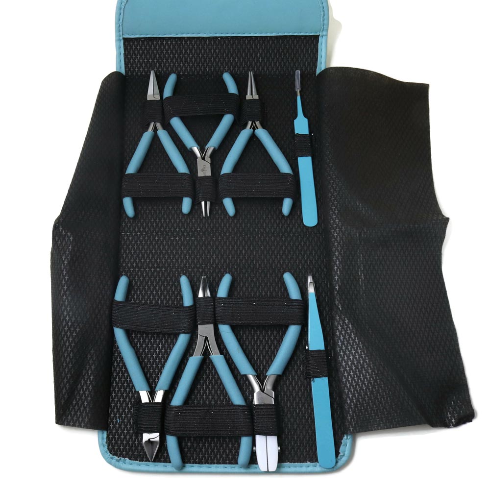 Jewelry tool set, top quality, 6 pliers, 2 tweezers with smart turquoise bag.