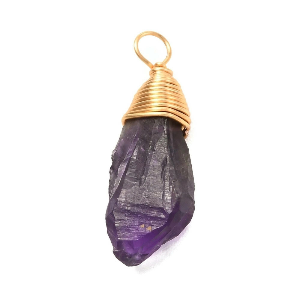 Amethyst pendant, gold-plated brass, purple, raw, oblong, approx. 26x7 mm. 1 pc