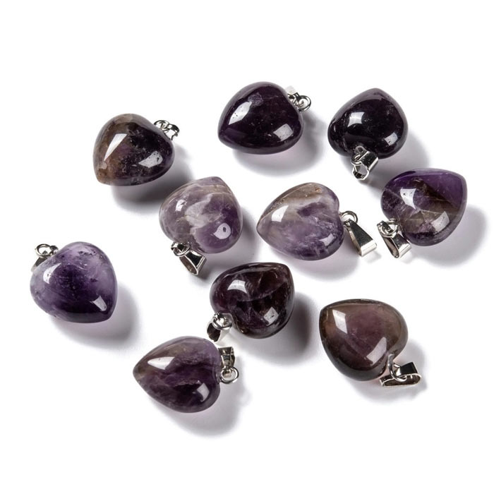 Amethyst heart pendant with bail, silver-plated brass, 18x15 mm