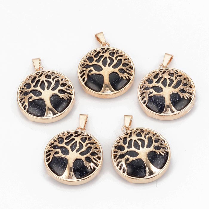 Goldplated Blue Golden Sandstone, round with tree of life, 30.5x27x8mm,, 1pcs.