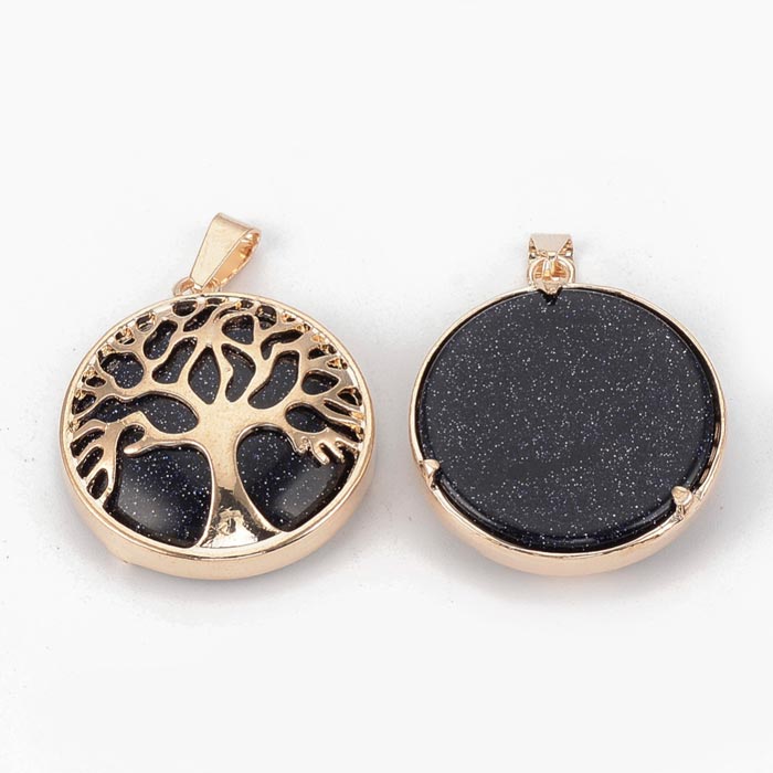 Goldplated Blue Golden Sandstone, round with tree of life, 30.5x27x8mm,, 1pcs.