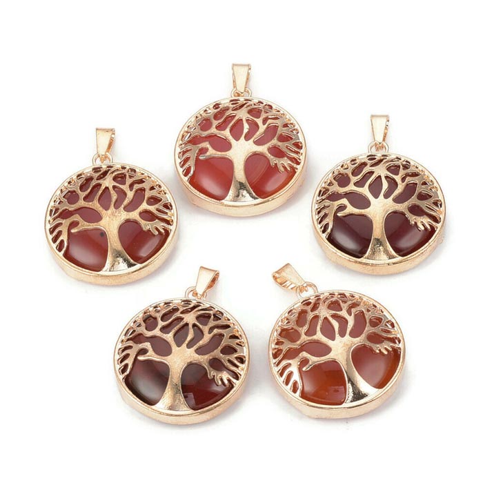 Goldplated charm, carnelian, red-brownish, round with tree of life, 30.5x27x8mm. 1pcs.