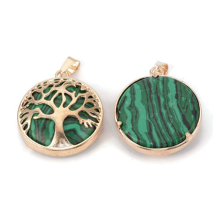 Goldplated charm, Malachite (synthetic), round with tree of life, 30.5x27x8mm. 1pcs.