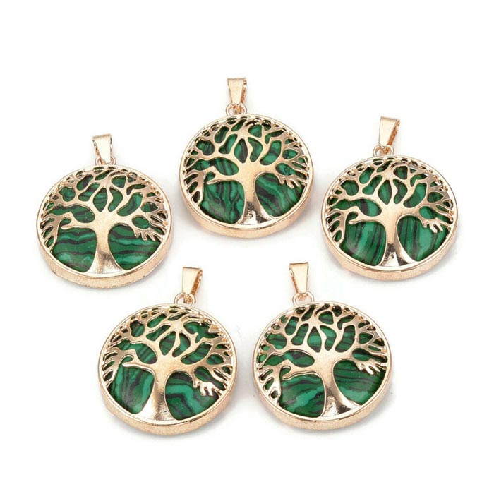 Goldplated charm, Malachite (synthetic), round with tree of life, 30.5x27x8mm. 1pcs.