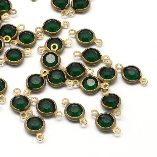 glass link with two eyes, brass setting, round, dark green, 12x6mm, 4pcs