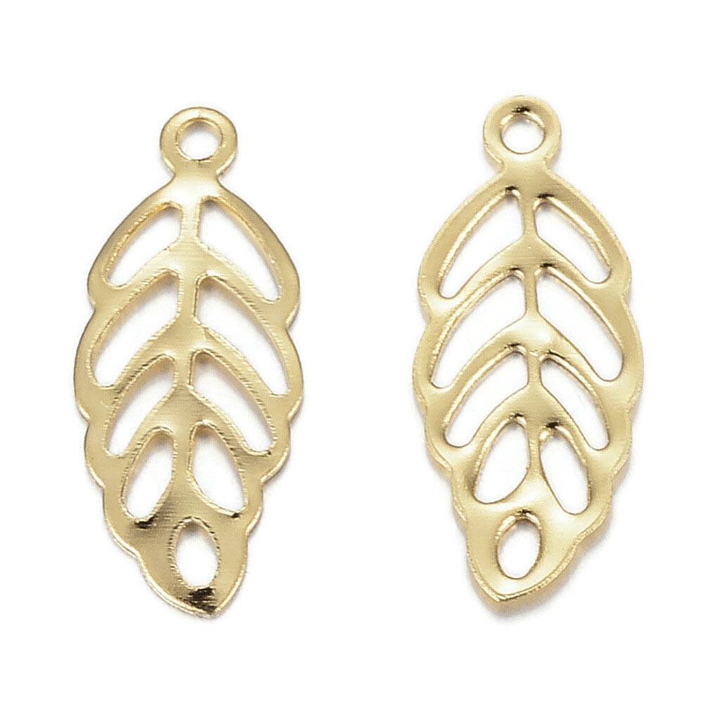 Leaf pendant, uneven, Gold-plated brass, 13X5.5 mm, 10 pcs.
