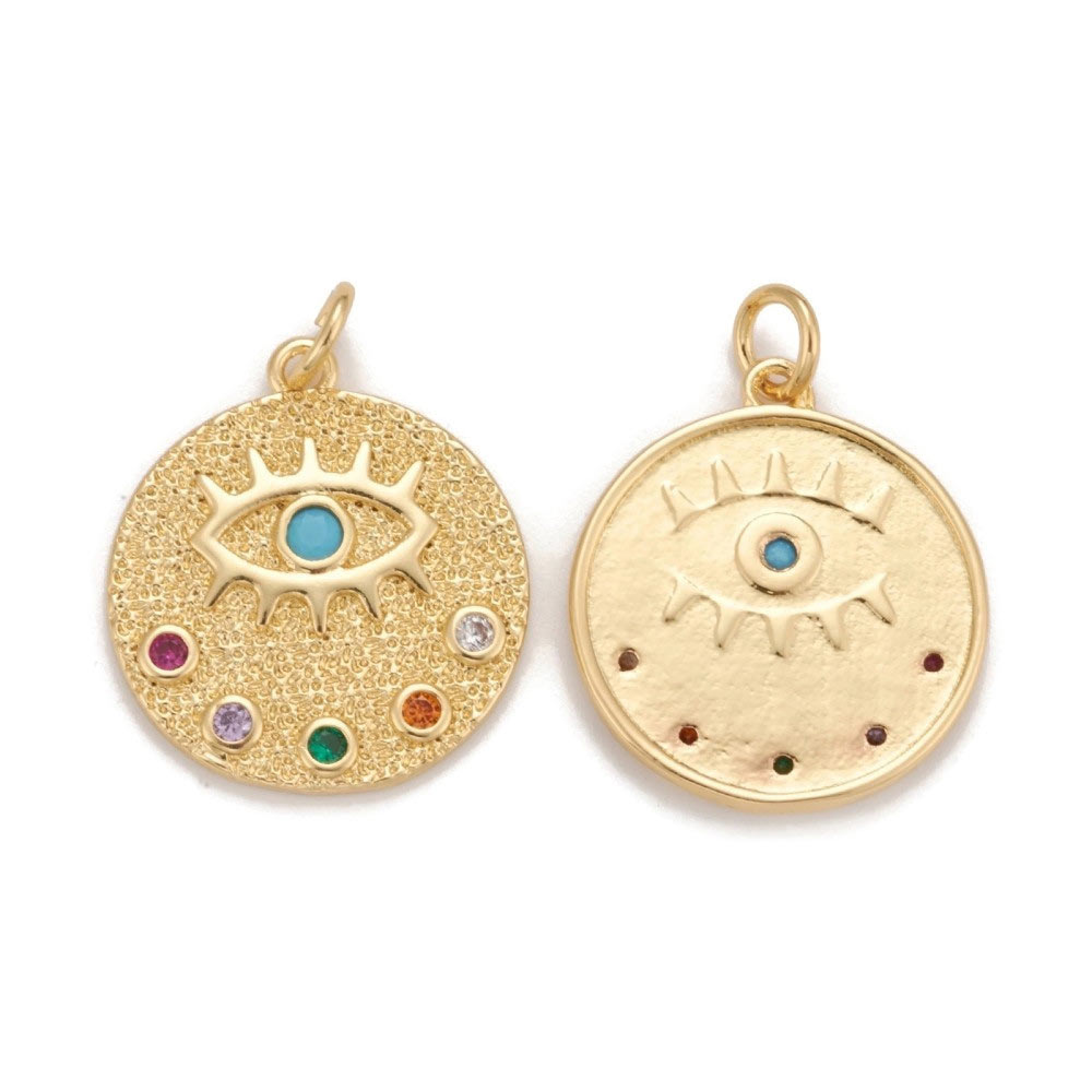 Pendant, round with eye and loop, zircons, gold plated brass, 20x18x2mm, 1 piece