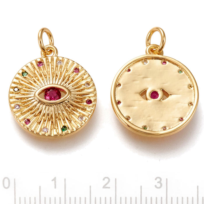 Pendant, coin with eye and zircons, gold-plated brass, 18.5x16 mm, 1 piece