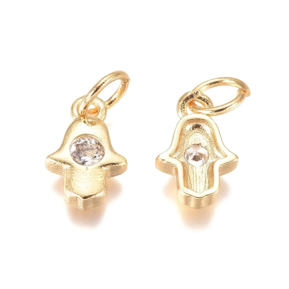 Fatima's hand pendant, 1 zircon Pavé, gold-plated brass, with loop, 10x6.5mm, 2 pcs