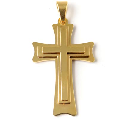 Layered cross with bail, quality gilded steel, 65x40x3mm, 1pc.