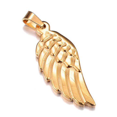 Wing pendant with bail, gilded steel, 35x14x3.5mm, 1pc