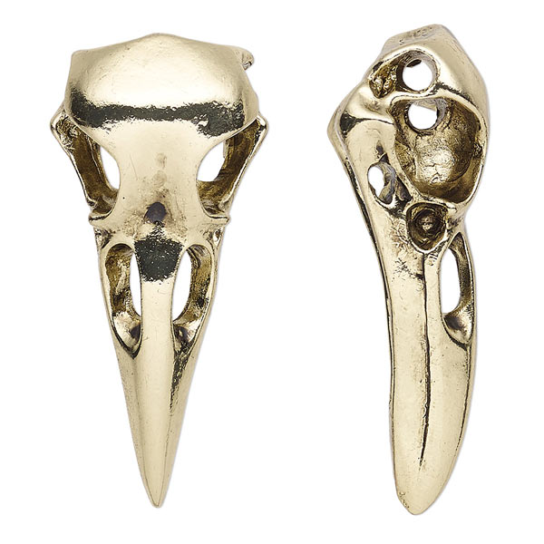 Pendant, raven skull, antique gold color, alloy, 41x18x15mm, 2mm hole, 1pc