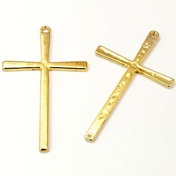Pendant, large slim cross, gold-coloured, 61x36mm, 1pc.