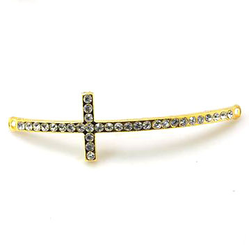 Pendant, gilded long curved cross w. crystals and eye at both ends, 53x15x3mm, 1pc.