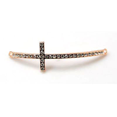 Pendant, reddish gilded long curved cross w. crystals and eye at both ends, 53x15x3mm, 1pc.