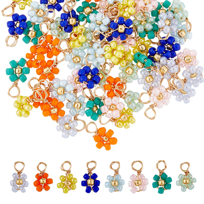 Pendant, small flower, mixed colours, seed beads, 10x5.5 mm, 6 pcs