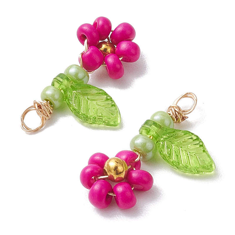 Pendant, flowers, mixed colours, seed bead figure, appx. 12x19 mm, 4 pcs