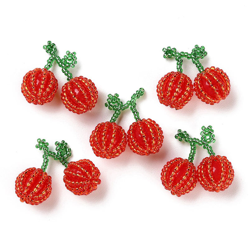 Pendant, red cherry, seed bead fruit figure, approx. 24x25x13 mm, 1 pcs