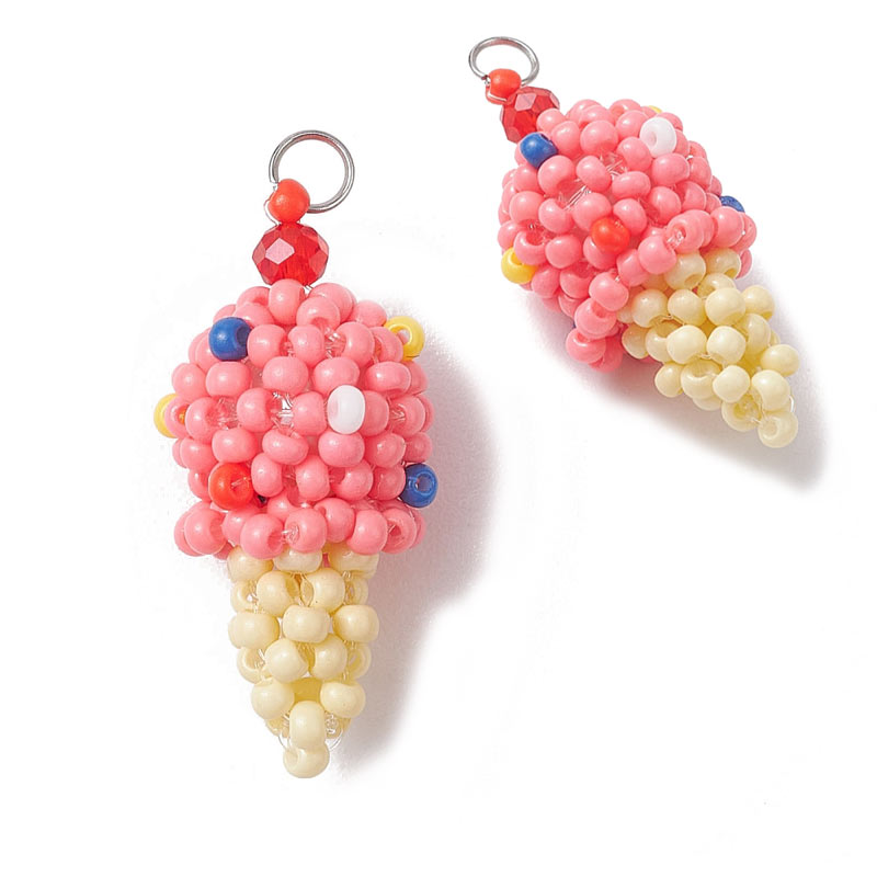 Pendant, ice cream cone, seed bead figure, yellow and pink, appx. 30.5x13 mm, 1 pc