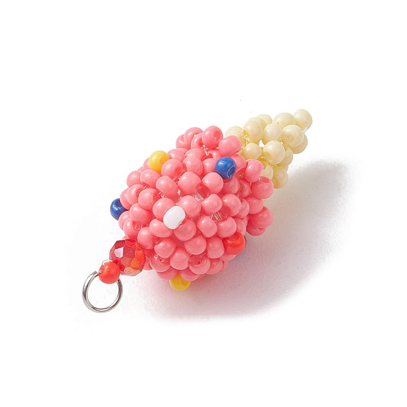 Pendant, ice cream cone, seed bead figure, yellow and pink, appx. 30.5x13 mm, 1 pc