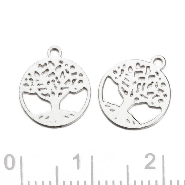 Tree of life, small pendant, silver plated brass, round, 10x11.5x0.3mm, 2pcs.