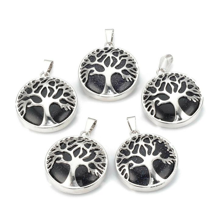 Silverplated Blue Golden Sandstone, round with tree of life, 30.5x27x8mm,, 1pcs.