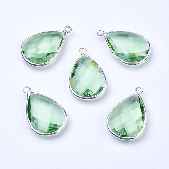 Glass charm, silver plated teardrop, light green, 18x11mm, 1pc.