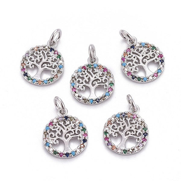 Pendant, stainless steel, flat round, tree of life with Zircon, 12x1.5mm, 1pc