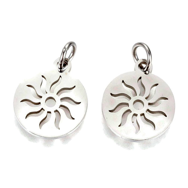 Pendant, stainless steel, flat round with sign of the sun, 12x1mm, 1pc