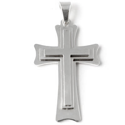 Layered cross with bail, pendant for necklace, steel, 65x40x3mm, 1pc