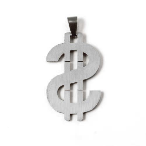 Dollar sign pendant with bail and 2 stripes, stainless steel, 39x24mm, 1pc.