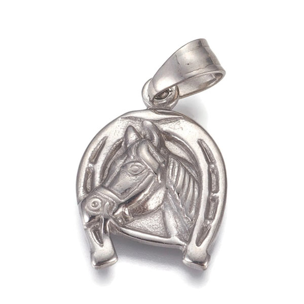 Pendant, horse with horseshoe, stainless steel, 24.5x17x3mm, 1pc.