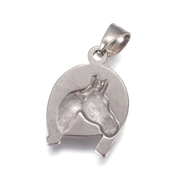 Pendant, horse with horseshoe, stainless steel, 24.5x17x3mm, 1pc.