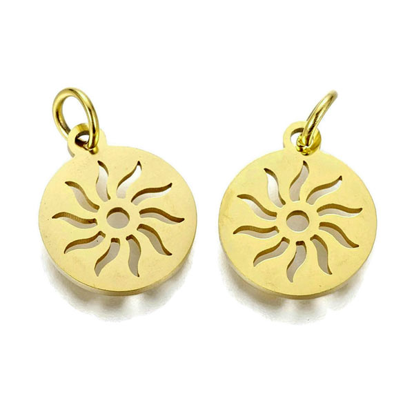 Pendant, gold plated stainless steel, flat round with sign of the sun, 12x1mm, 1pc