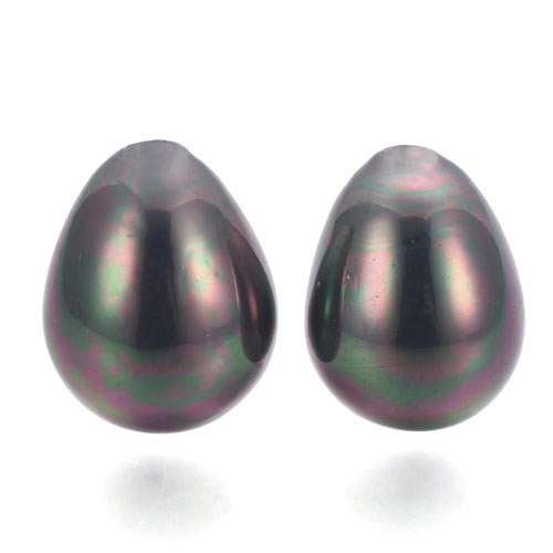 Shell pearl teardrop, metallic-green-purple, 15x12mm, half-drilled, 1pc