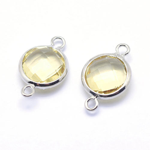 Glass link with 2 loops, silver plated, round, light yellow, 14x9mm, 1pc