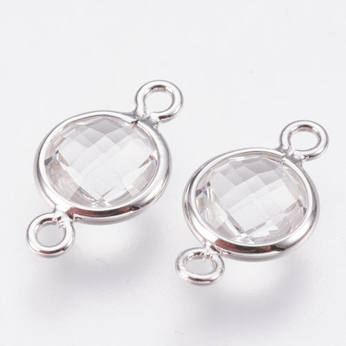 Glass link with 2 loops, silver plated, round, clear, 12x7mm, 1pc