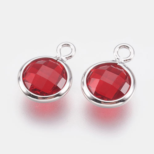 Glass charm, silver plated, round, red, 9x7mm, 1pc