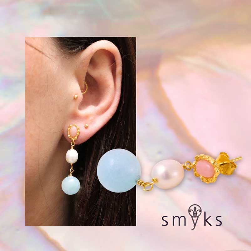 Earstuds with pink opal, gold-plated sterling silver, 11,5x7x14mm, 2pcs.
