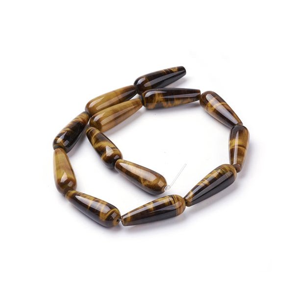 Tiger eye, full strand, long drop, yellow and brownish shimmering, 30x10mm, 13pcs.