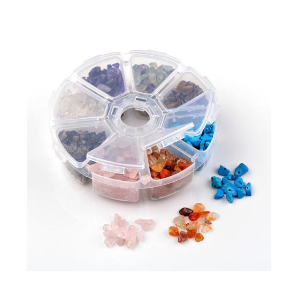 Semi-precious stone mix, small nuggets in plastic container, 8 kinds, 5-8x7-12mm, ca. 560pcs