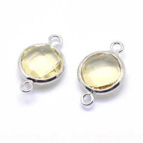 Versilberter Glas-Anhänger mit 2 Ösen, rund, hellgelb, 14x9 mm, 1 Stk