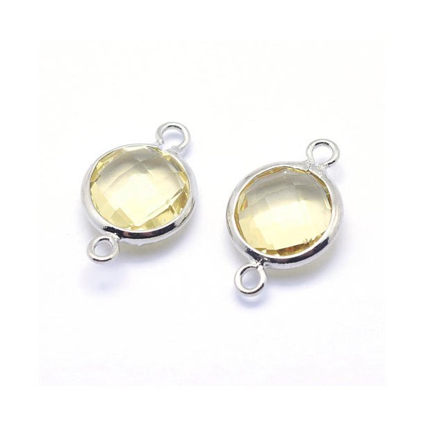 Glass link with 2 loops, silver plated, round, light yellow, 14x9mm, 1pc