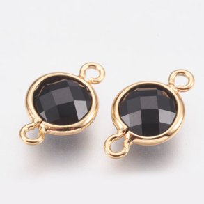 Vergoldeter Glas-Anhänger mit 2 Ösen, rund, schwarz, 12x7 mm, 1 Stk