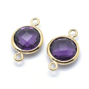 Vergoldeter Glas-Anhänger mit 2 Ösen, rund, lila, 14x9 mm, 1 Stk
