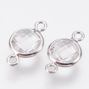 Versilberte Glas-Anhänger mit 2 Ösen, rund, transparent, 12x7 mm, 1 Stk