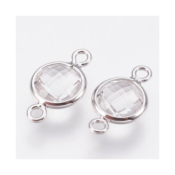 Glass link with 2 loops, silver plated, round, clear, 12x7mm, 1pc