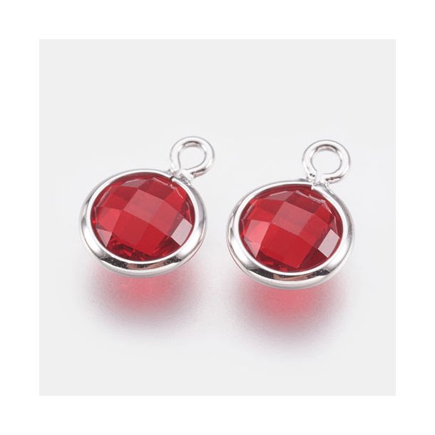 Glass charm, silver plated, round, red, 9x7mm, 1pc